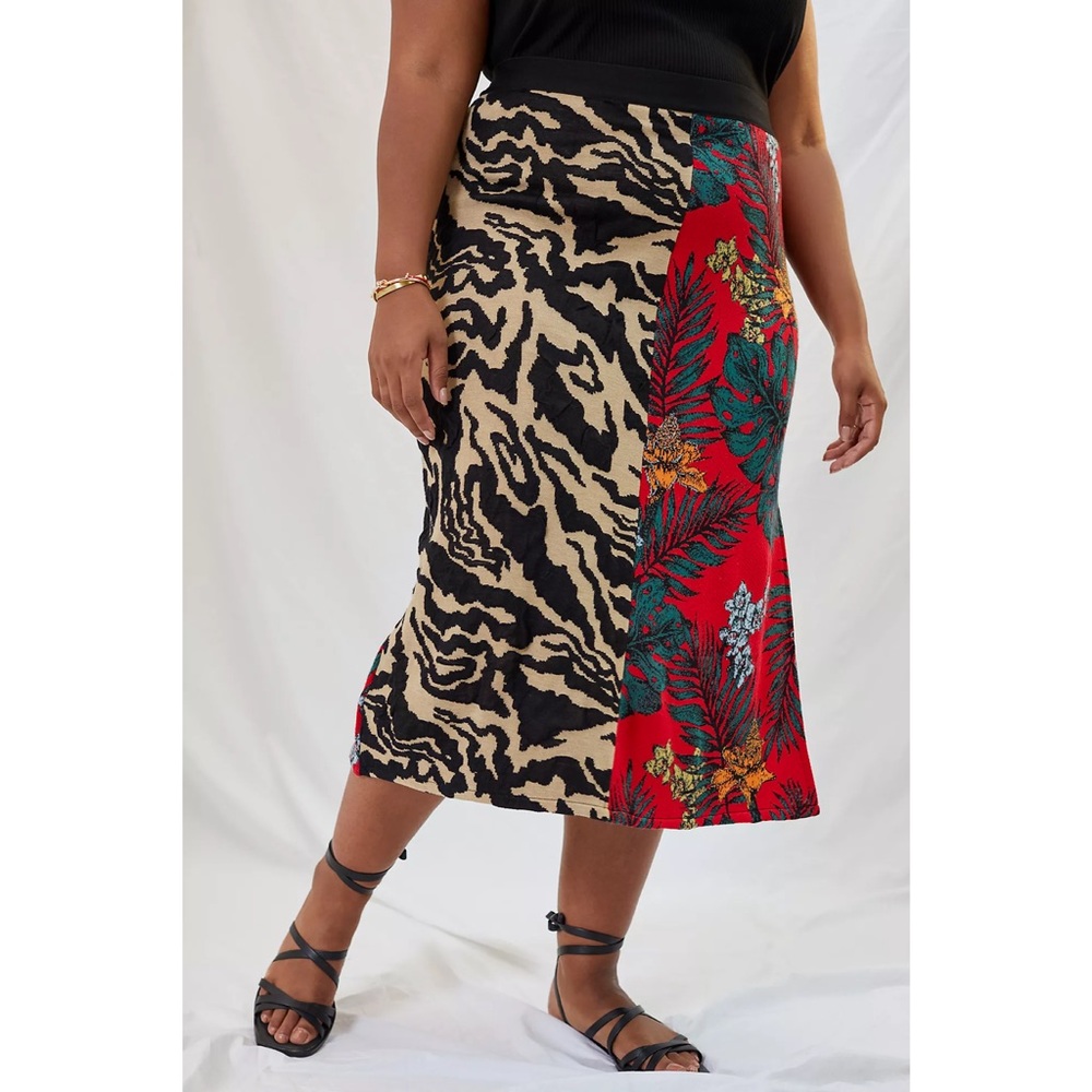 Anthropologie | Red and Black Contrast Sweater Safari Patterned Midi Skirt ~ XL - Picture 4 of 11